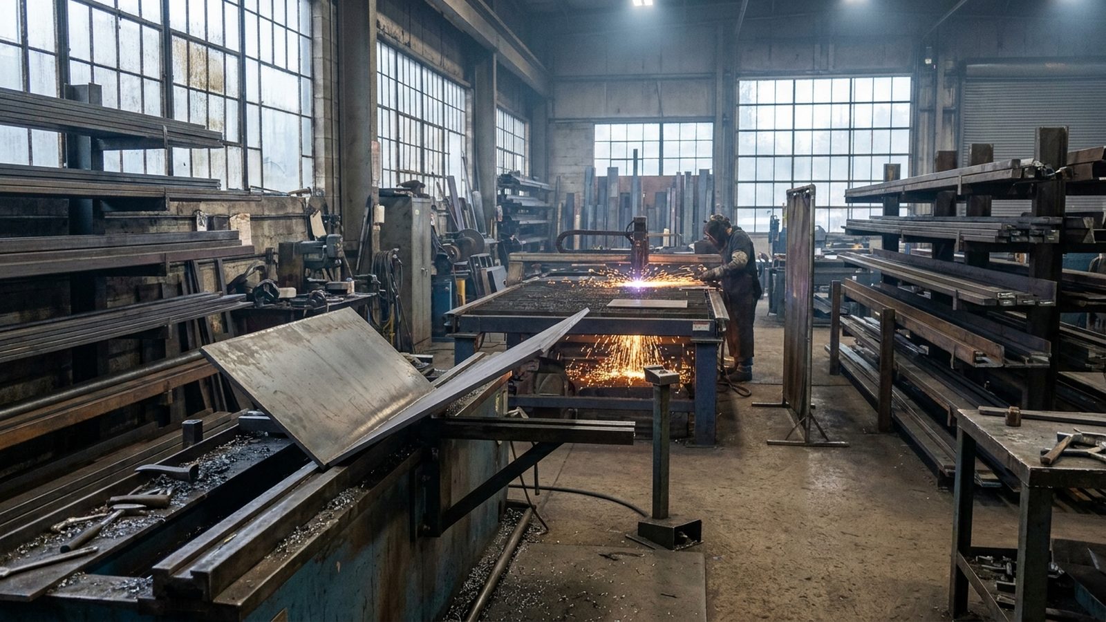 Steel plate and structural stock in a custom metal fabrication shop with a plasma cutting table