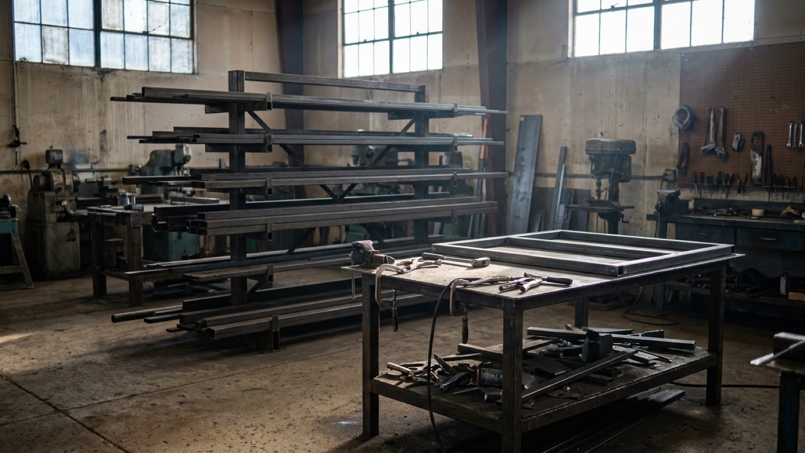 Steel fabrication shop interior with welding table and stock racks in morning light