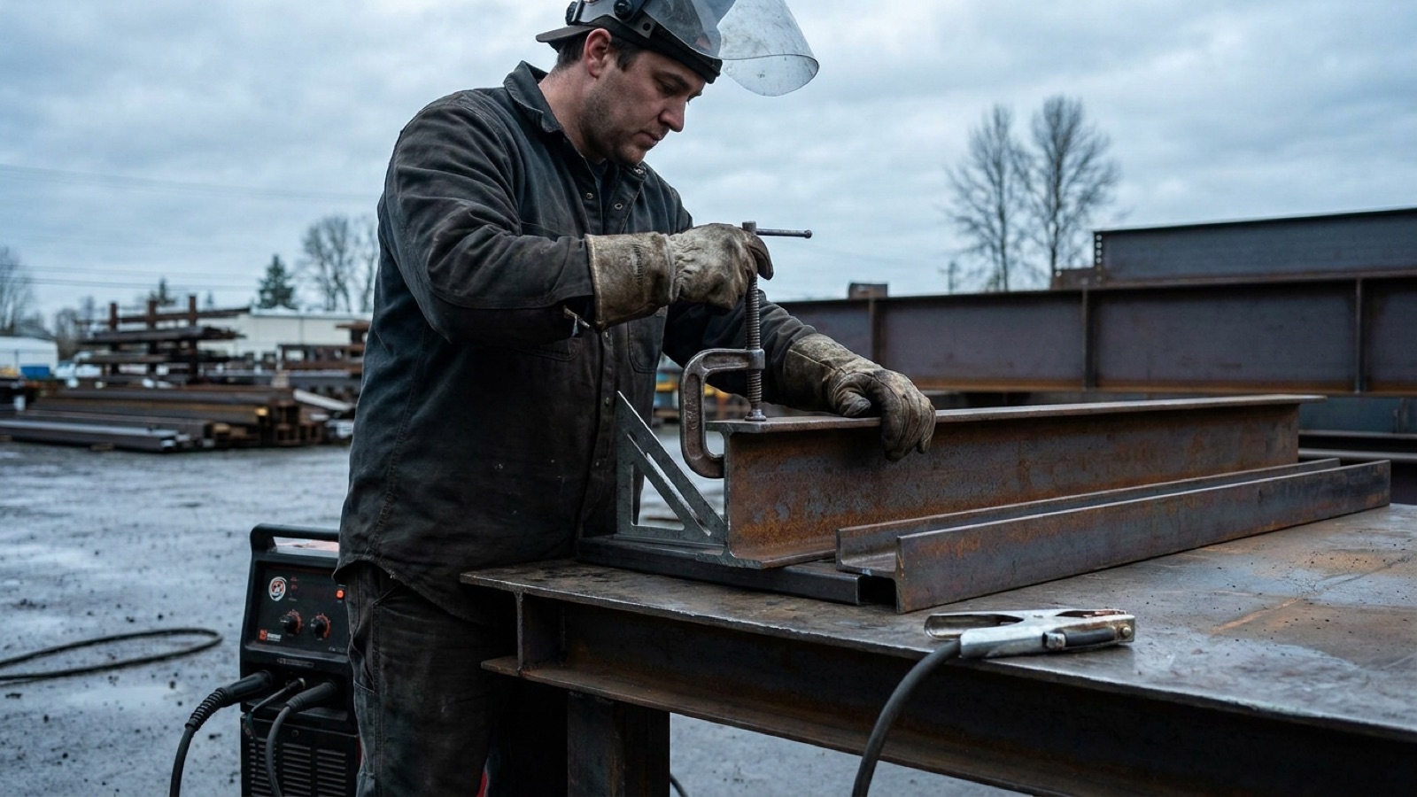 Welder clamping and squaring steel members for fit-up before welding