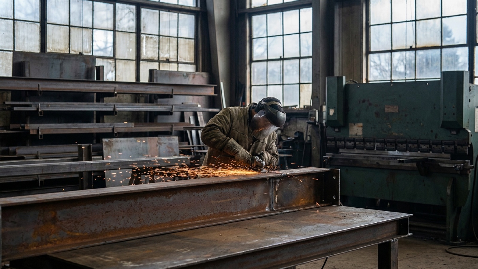 Fabricator grinding a steel weldment in a fabrication shop with a press brake behind