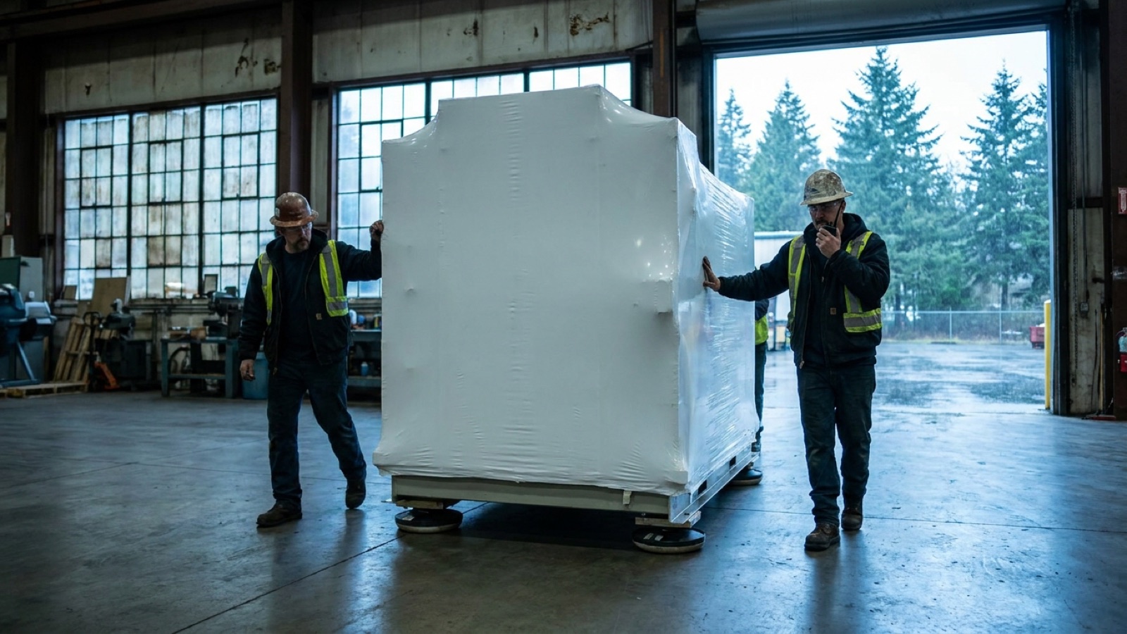 Two riggers guiding a shrink-wrapped machine on air skates across a plant floor