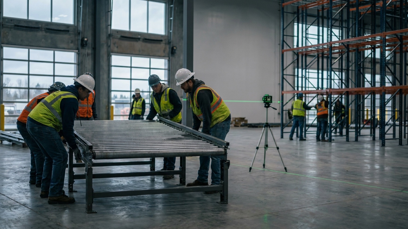 Crew positioning a roller conveyor section with a laser level during a warehouse install