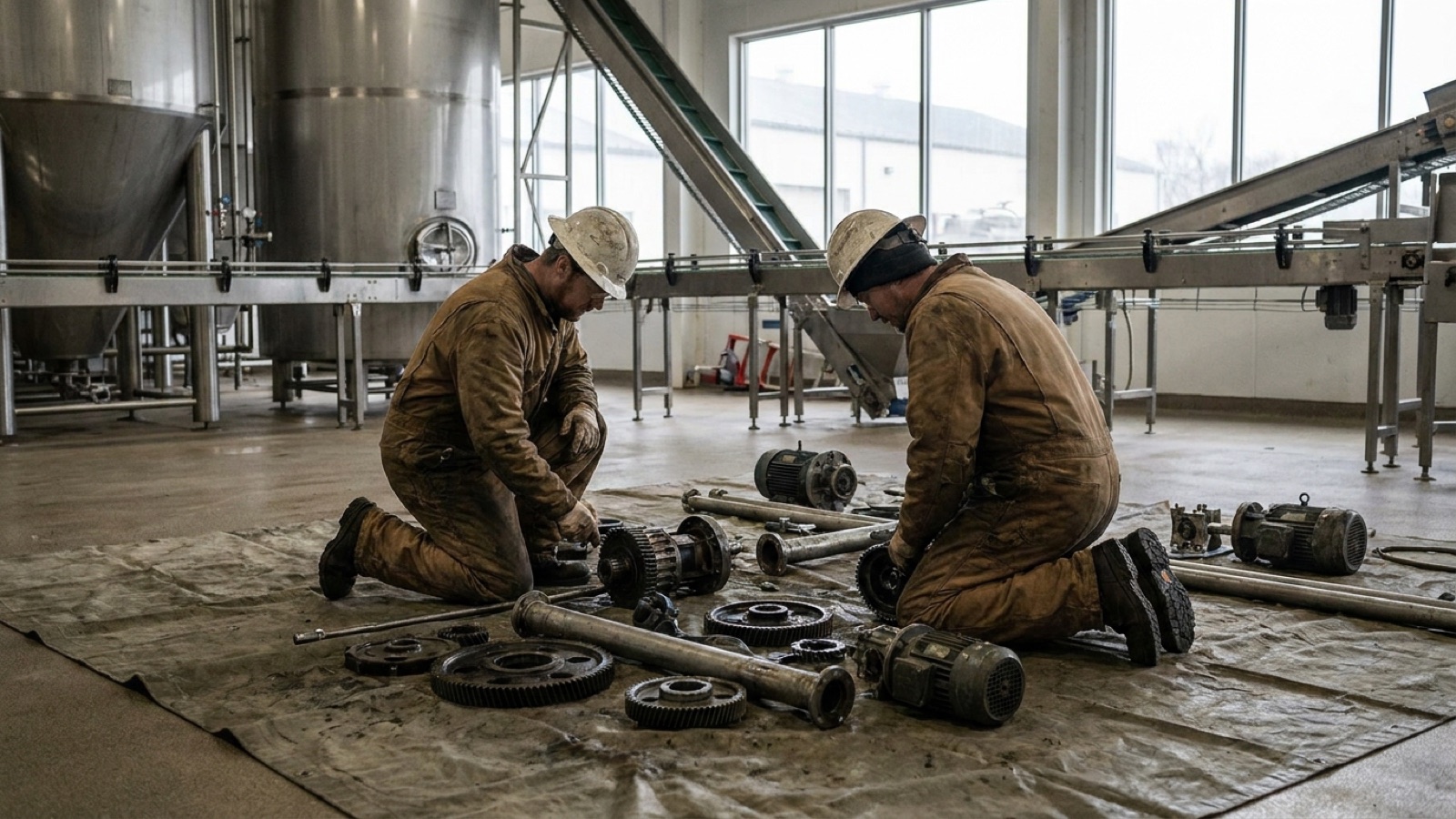 Millwrights rebuilding an industrial gearbox on a laydown tarp during a plant shutdown