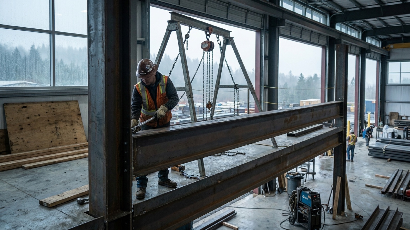 Ironworker bolting a structural steel beam connection on an indoor mezzanine under a portable gantry