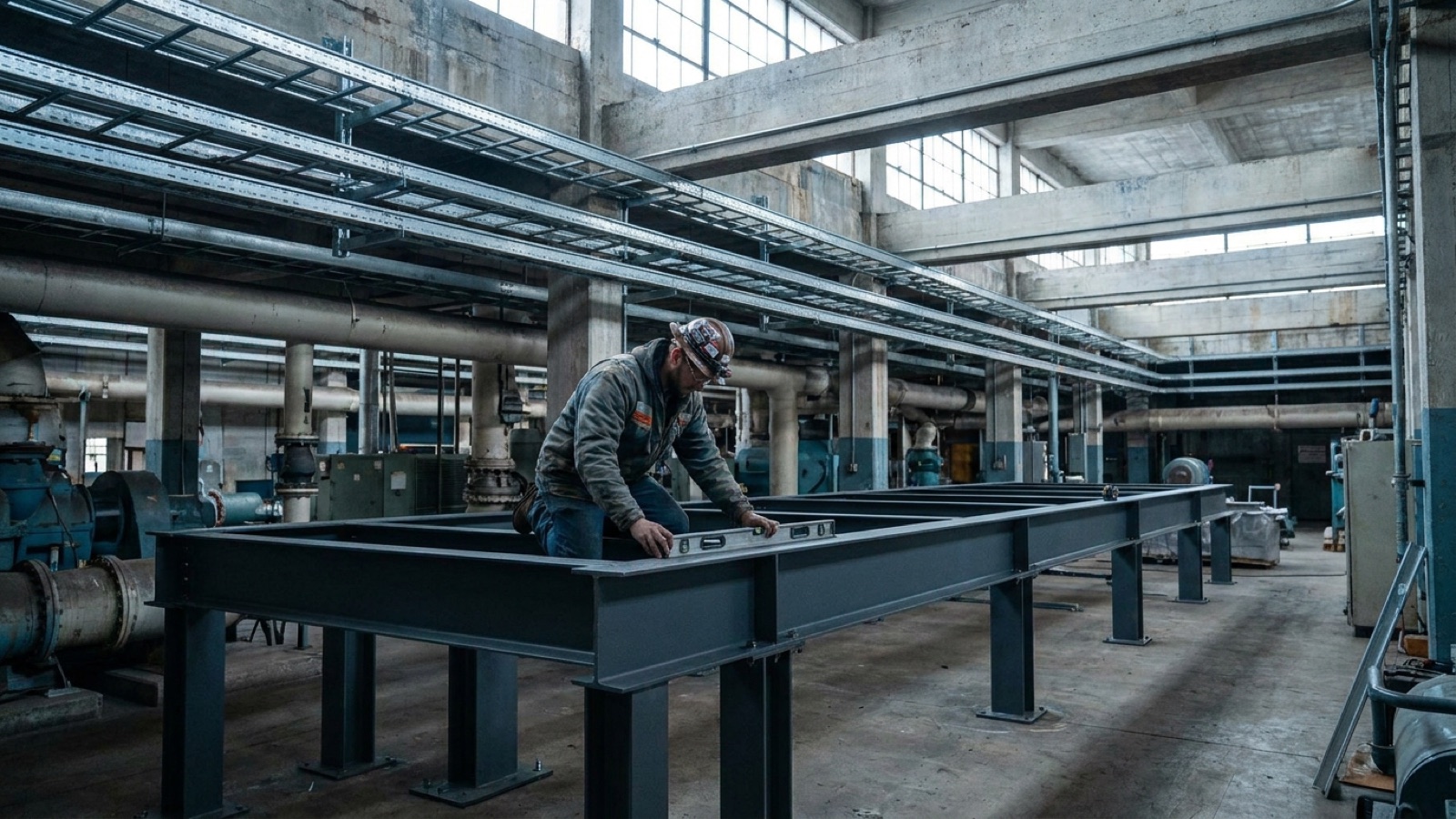 Worker checking final alignment of an installed structural steel equipment platform